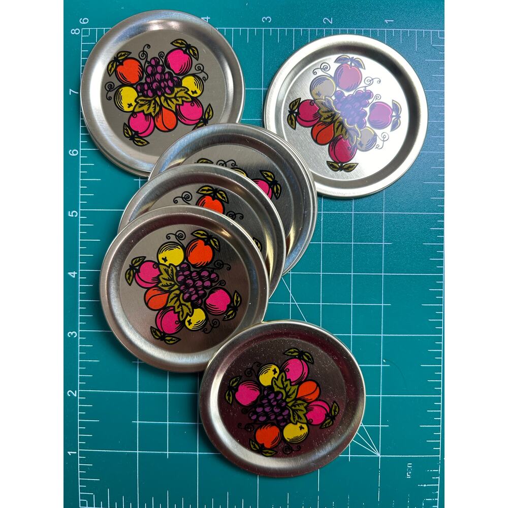 Ball- Set of 9- Vtg Decorative Dome Lids- with box- fruits- white inner coating